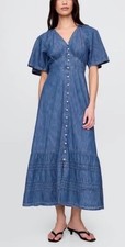 Gap Women’s Flutter Alyssa Blue Chambray Maxi Summery Cottage Dress Size L -NEW