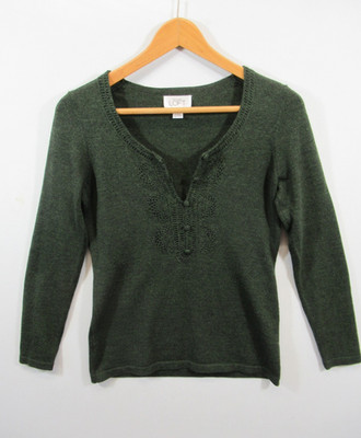 LOFT Merino Wool Cashmere Blend Sweater Women Small Green Crochet Lightweight