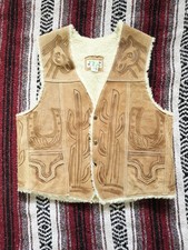Vintage Tooled Leather Suede Vest Sherpa Lined Cowboy Cowgirl Horse Motif West