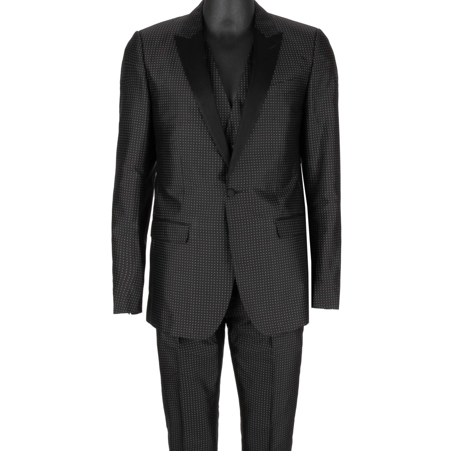 DOLCE & GABBANA Polka Dot Silk Suit Blazer Jacket Waistcoat Pants Black 48 38 M