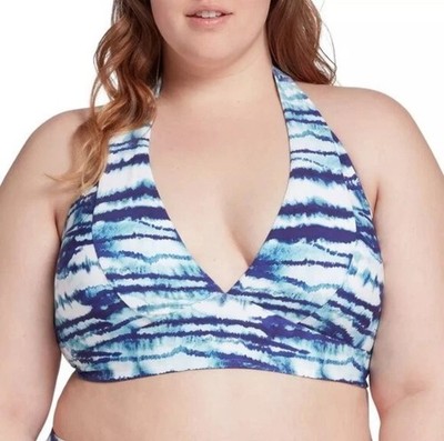 NWT CALIA Halter Top Bikini Top Watercolor Stripe Blue 2X Swimwear Coastal Ocean
