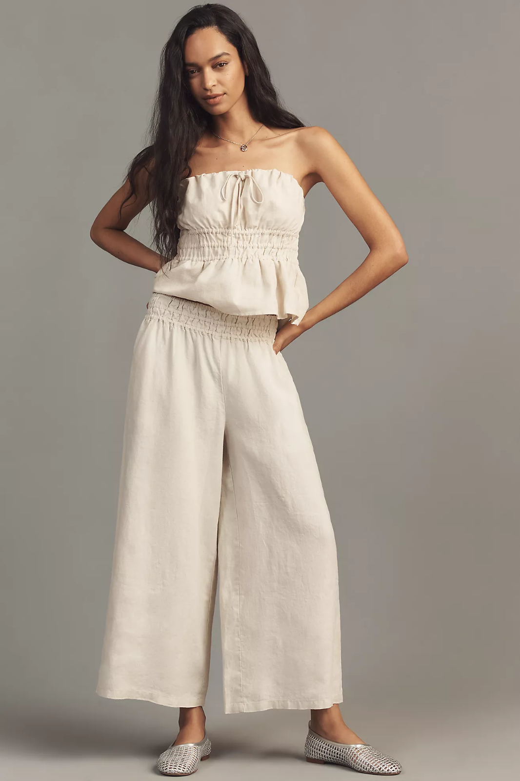 NWT ANTHROPOLOGIE The Somerset Pull-On 100% Linen WIDE LEG Trousers PANTS BONE L
