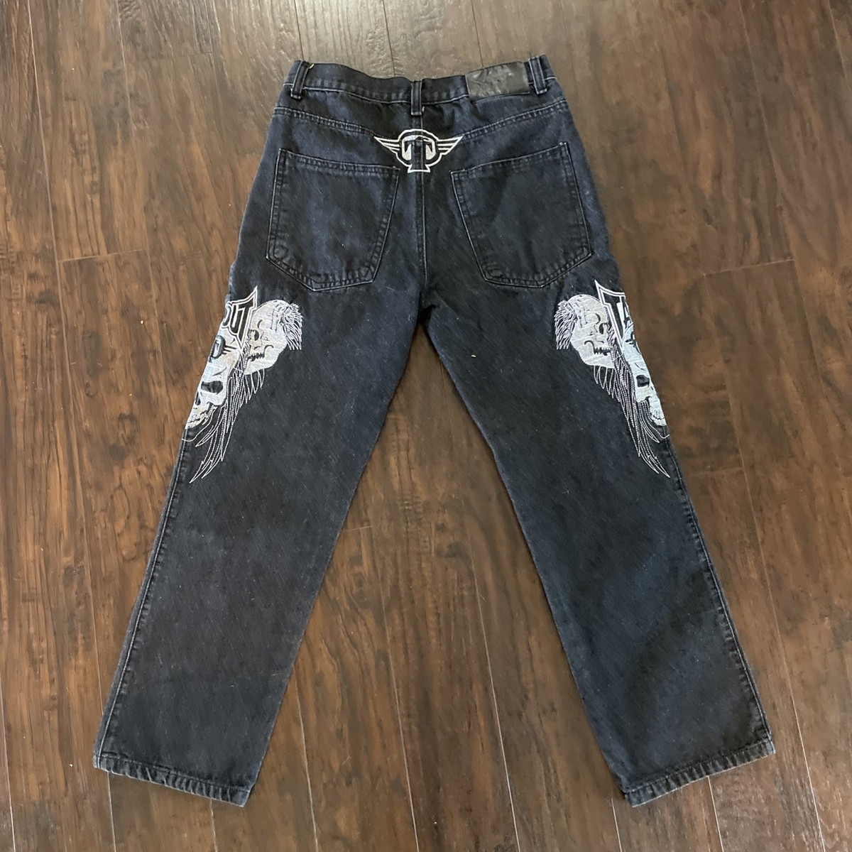 VTG Tap Out Jeans Skull Embroidery Mens 34 Black Stitched Vintage