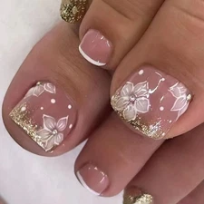 Flower Press on Toe Nails Short Square Fake Toenails White 1-Flower Fake Nails