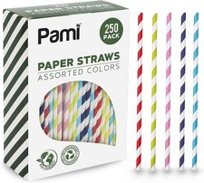 250-Pack Compostable Paper Straws - Assorted Colors for Drinks
