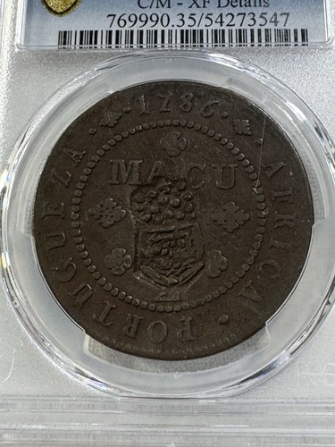 1837 Angola 1 Macuta Counter-stamped on a 1786 1/2 Makuta Graded VF 35 by PCGS