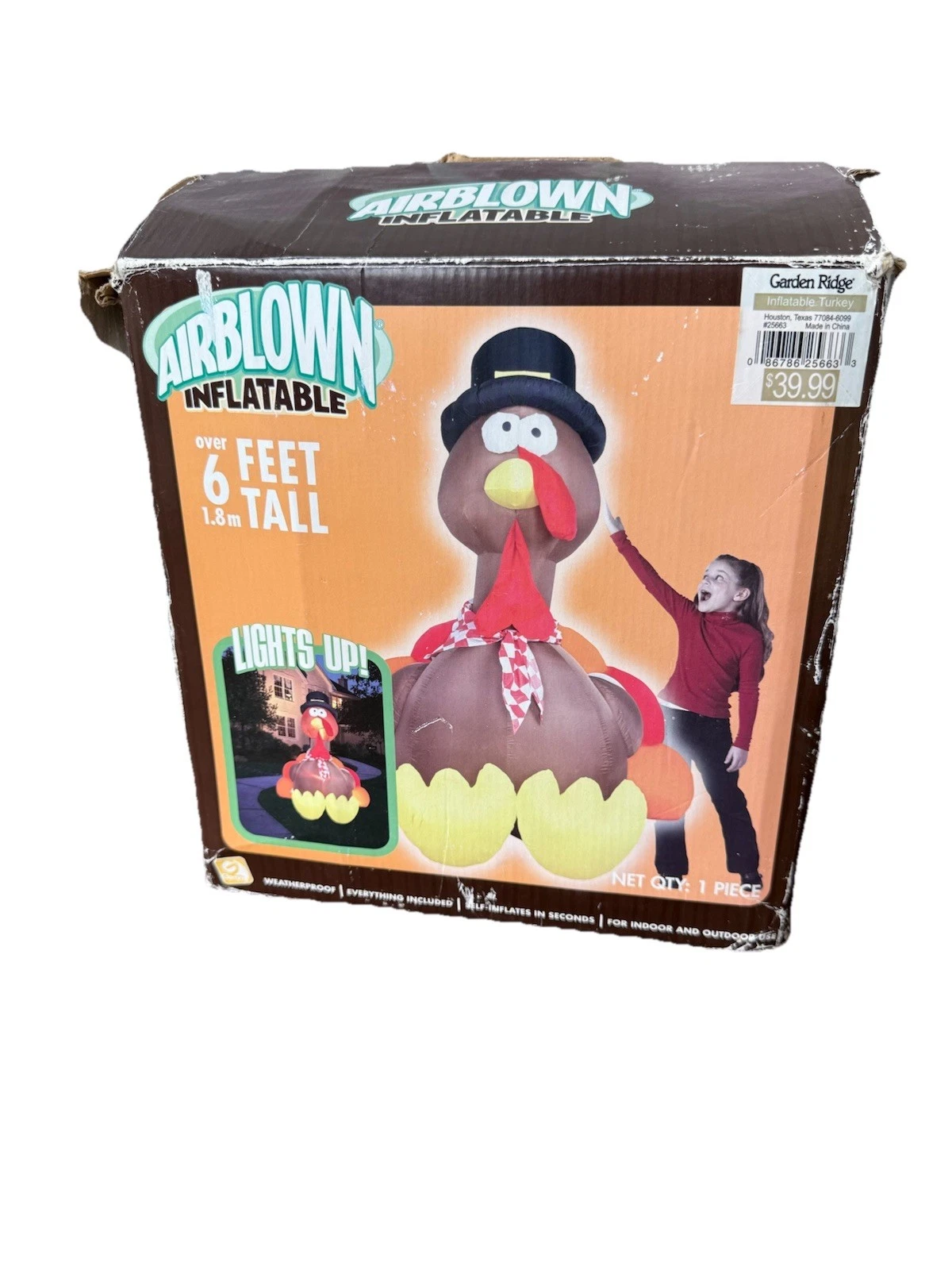 2005 Gemmy Airblown Inflatable 6 Ft Turkey Pilgrim Thanksgiving Yard Light Decor