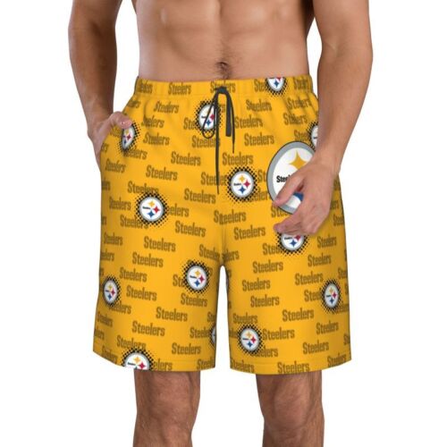 Steelers Pittsburgh Mens Beach Shorts Quick Drying Printed Swim Shorts & Pockets - Picture 1 of 11