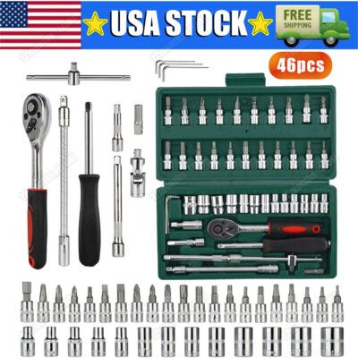 46PCS 1/4'' Ratchet Wrench Combination Socket Tool Set Kit Auto Car Repair Tool
