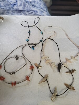 Native American lot fetish carved bird, turquoise and coral liquid silver...