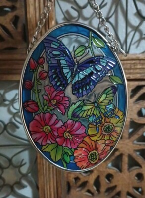 AMIA Glass Suncatcher Hand Crafted Butterflies Flower Garden Denver, Co NEW