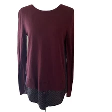 Ann Taylor LOFT Top Women Small Burgundy Mixed Media Long Sleeve Sweater Blouse