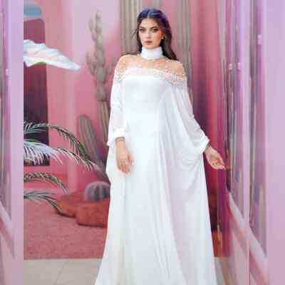 Evening Chiffon Pearl Pleat Prom Cocktail A-line High Collar Gown Long Dresses