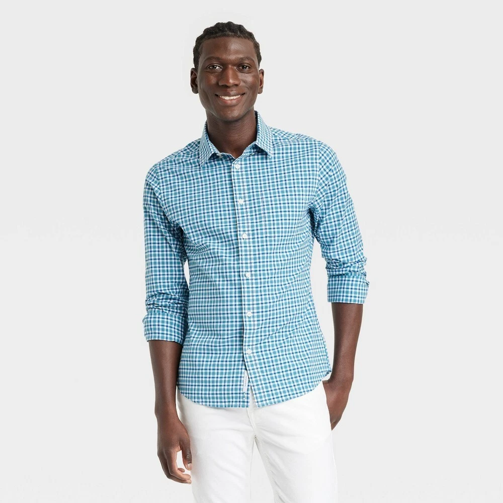 Goodfellow & Co Men's Long Sleeve Button Down Slim Fit Poplin MEDIUM Jade Color
