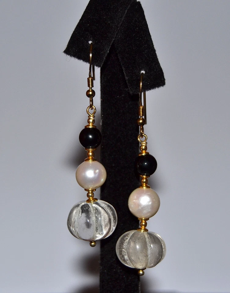 ORECCHINI PENDENTI ARGENTO 925 DORATO perle e pietre dure naturali, per donna - Immagine 2 di 2