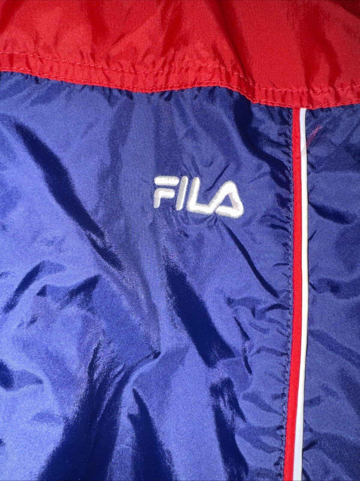 Giacca a vento vintage anni 90 Fila pista uomo XL rosso blu dente di squalo made USA