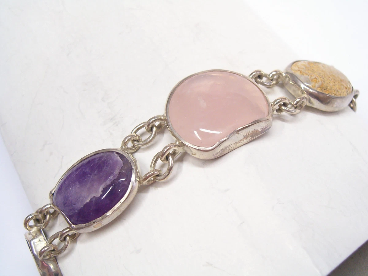 Bracelet Souple Vintage Argent Et Améthyste - Pierres Naturelles - Femme