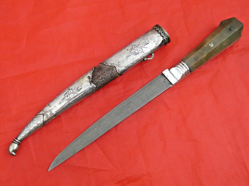 ANTIQUE TURKISH OTTOMAN DAGGER SILVER STONE wootz damascus blade Knife Sword 18c