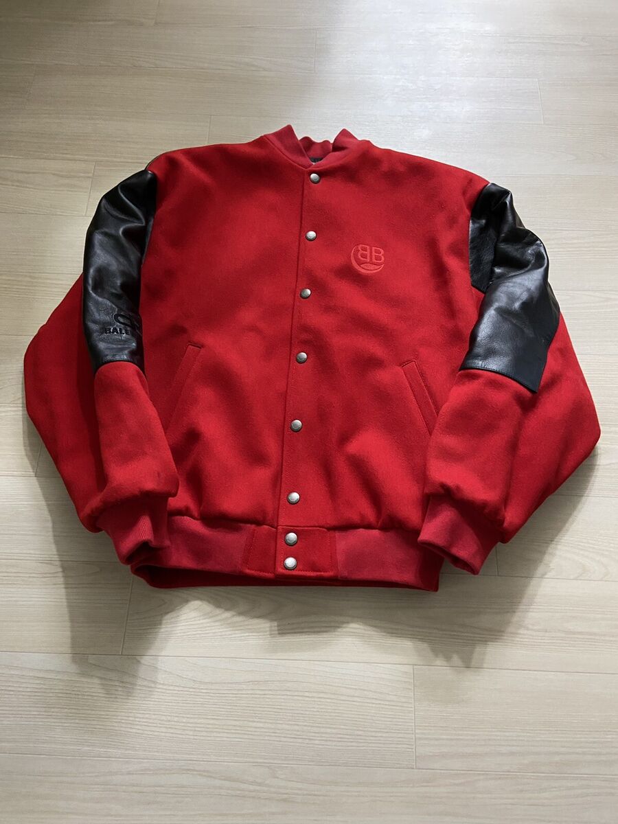 44 Balenciaga Leather trimmed BB logo varsity bomber jacket 44 Balenciaga Leather trimmed BB logo varsity bomber jacket