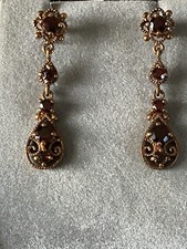 Handmade Sterling Silver & 22ct Rose Gold Dipped Garnet Stone Dangly Earrings 