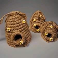 Set Of Three Rope Woven Decorative Bee Hives w/Little Bees On The Outside