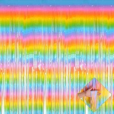 Rainbow Foil Fringe Curtain Backdrop 4 Pack 3.3x6.6 Ft Metallic Tinsel Streamers