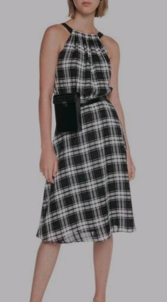 CUE City - XS 8 Plaid Check Halter Neck Fit & Flare Midi DRESS Gathered Neck #3