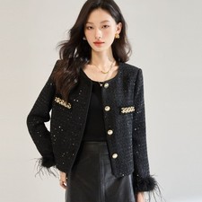 Giacca girocollo donna autunno/inverno singolo bottone lana tweed pelliccia struzzo nero