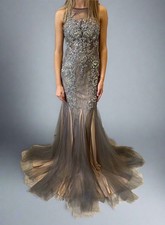 Jovani 98665 prom dress in gunmetal grey. Lace underlay & illusion neckline Sz 6