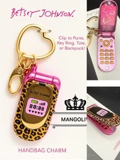 Betsey Johnson Gold Y2K Retro Flip Phone Leopard Print Key Fob Bag Charm NWT