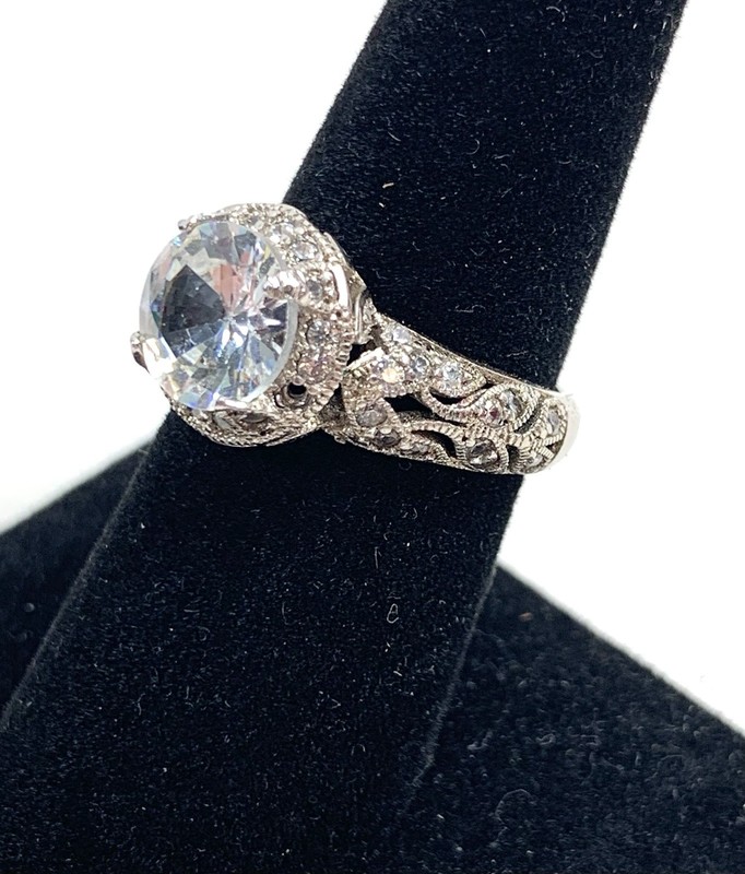 Sterling Silver 925 Filigree CZ Engagement Statement Ring | Size 7 | 4.88g