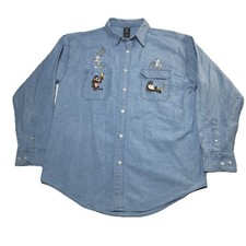 Vintage 90s Embroidered Looney Tunes Bugs Bunny Taz buttonup denim LS shirt Sz L