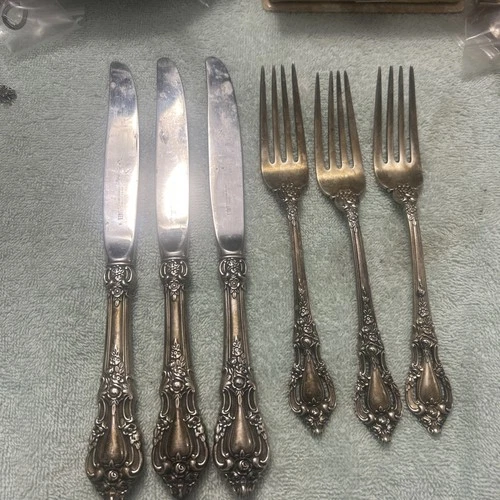 STERLING SILVER LUNT ELOQUENCE 7-3/8'' FORKS (3) And (3) BUTTER KNIVES FLATWARE