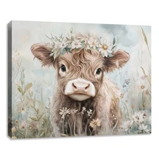 Funny Cute Highland Cow Canvas Wall Art Cattle Picture Painting Decor Flowers