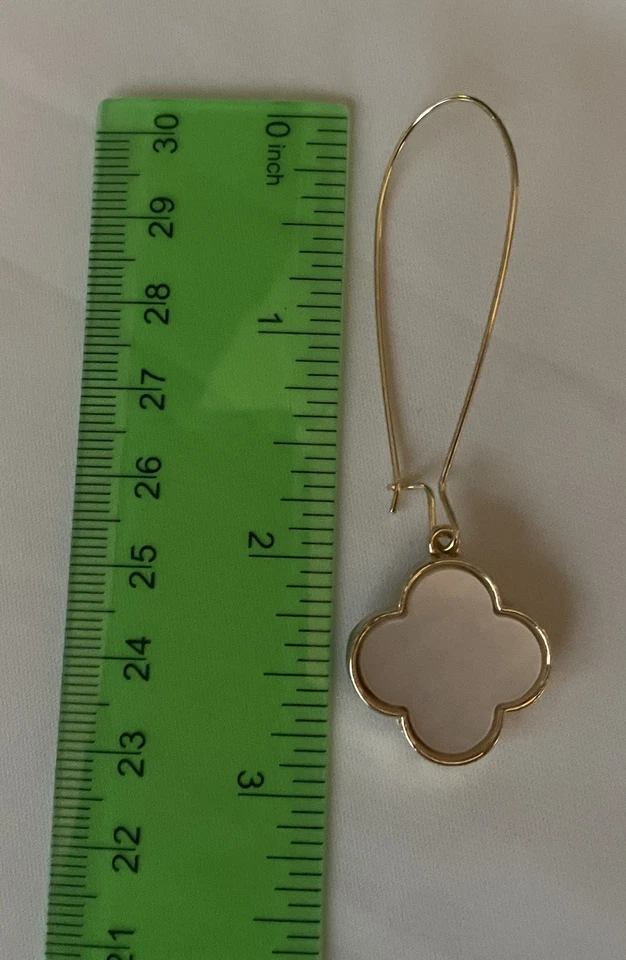 Gold Tone  Dangle Earrings with Mother of Pearl Colored Quatrefoil Ornament - Image 4 of 4