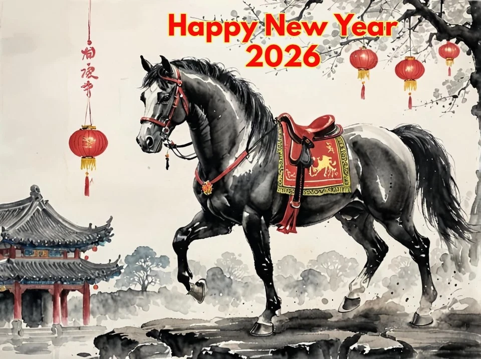 TRENDING TEXTILES Happy New Year Chinese Year of The Horse Greeting Card Cards Horses 2026 A5 Size