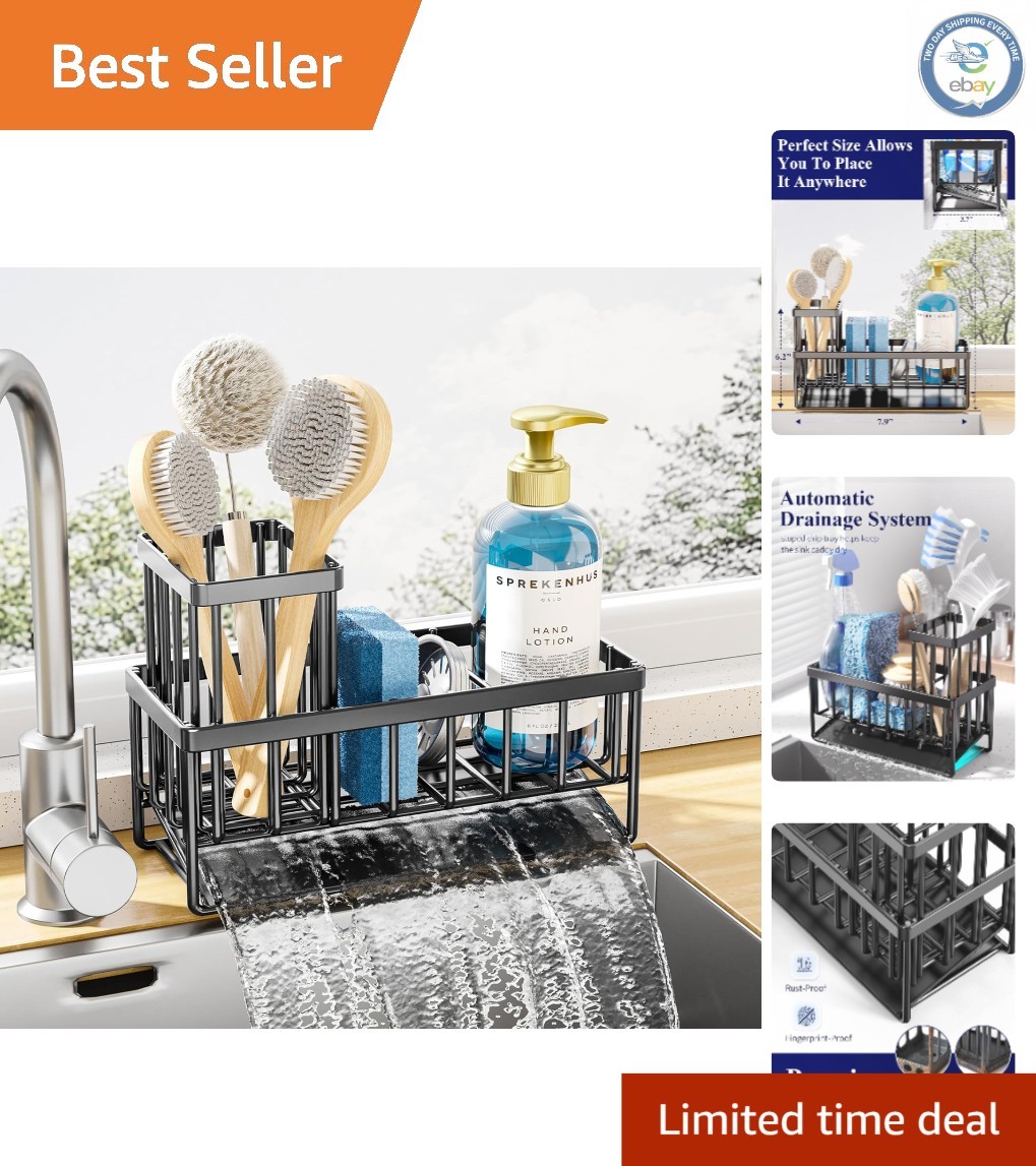 Elegant Black Stainless Steel Kitchen Sponge Holder with Auto-Drainage System