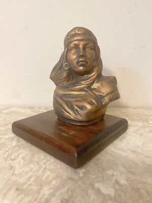 Vintage Native American Bust Figurine On Wooden Base