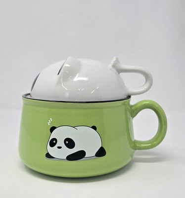 Green & White Kawaii Panda Soup / Noodle Bowl Mug Cup Ramen Bowl