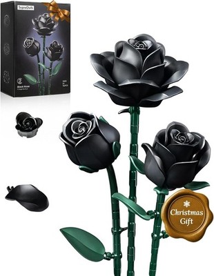 Gothic Black Roses Building Set - 3 Pack Artificial Flowers for Home Decor