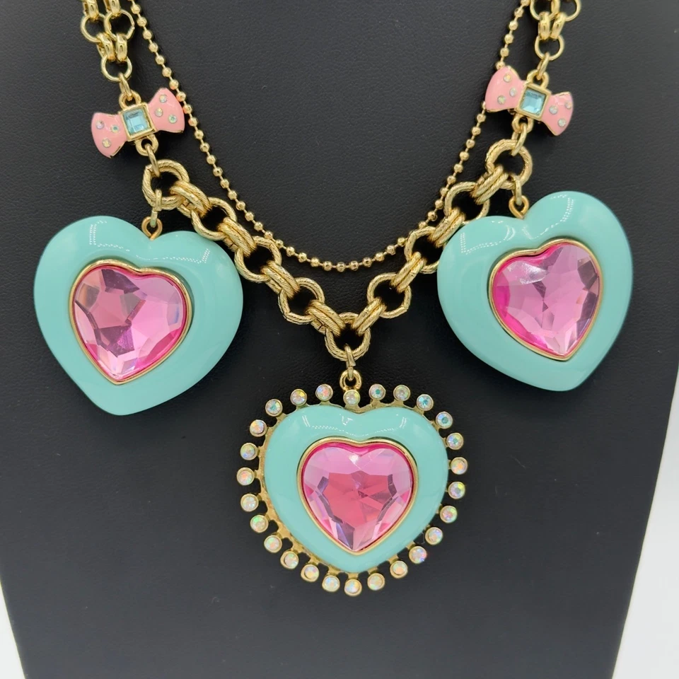 Betsey Johnson Candy Land Heart Necklace Retired Statement Aqua Blue Pink - Image 2 of 4