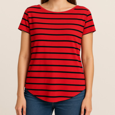 Express One Eleven Shirt Top Womens Small Short Sleeve Casual Striped Red Black