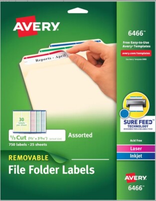 Avery File Folder Labels, 2/3'' x 3-7/16'', 750 Labels, Removable, Assorted (6466)