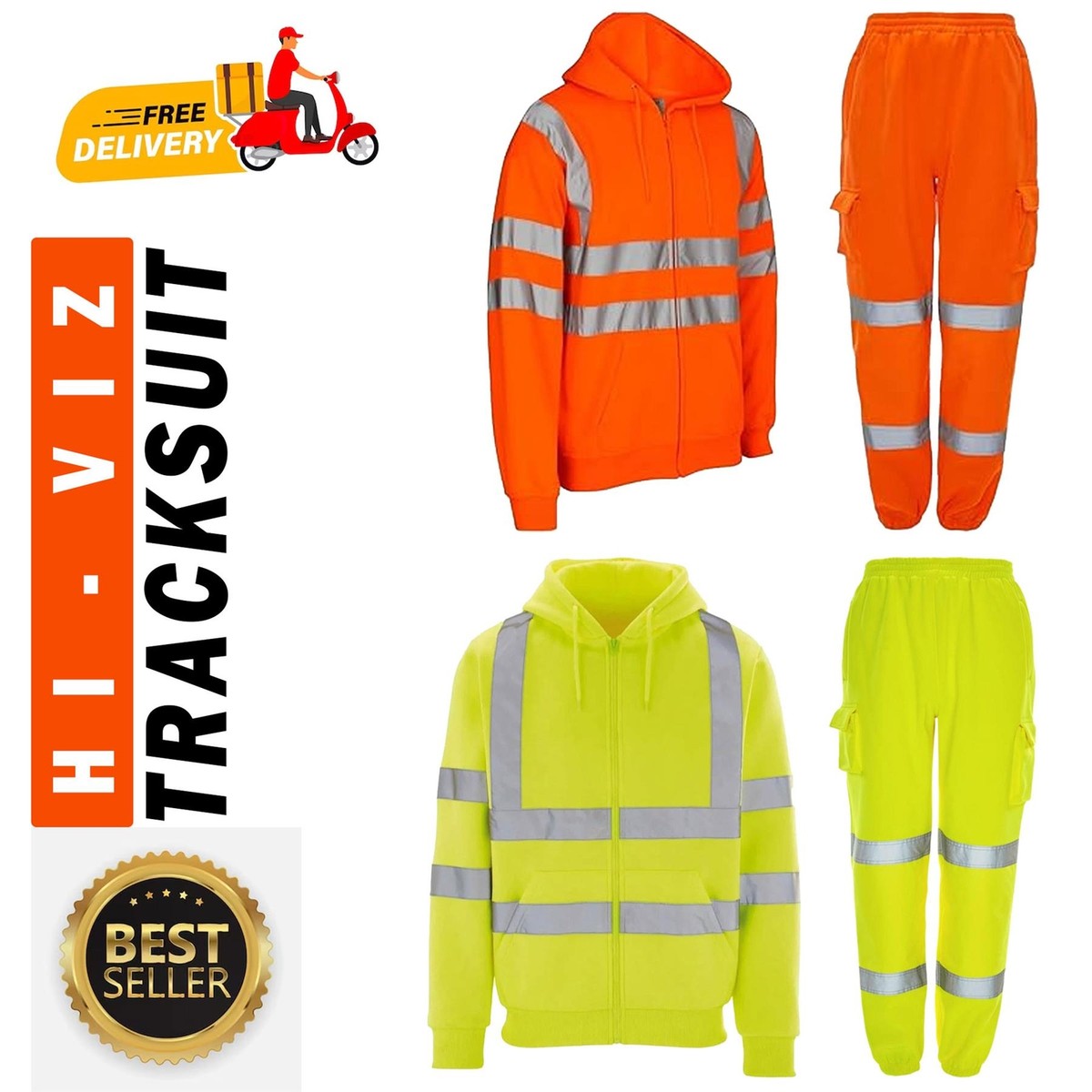 Mens Hi Vis Tracksuit Set High Visibility Full Zip Hoodie Jacket