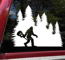 Bigfoot with Guitar in Tree Line Vinyl Decal V1 | Sasquatch Pine Trees Sticker