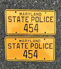 Pair Vintage Maryland State Police Trooper Embossed Metal 454 License Plates NOS