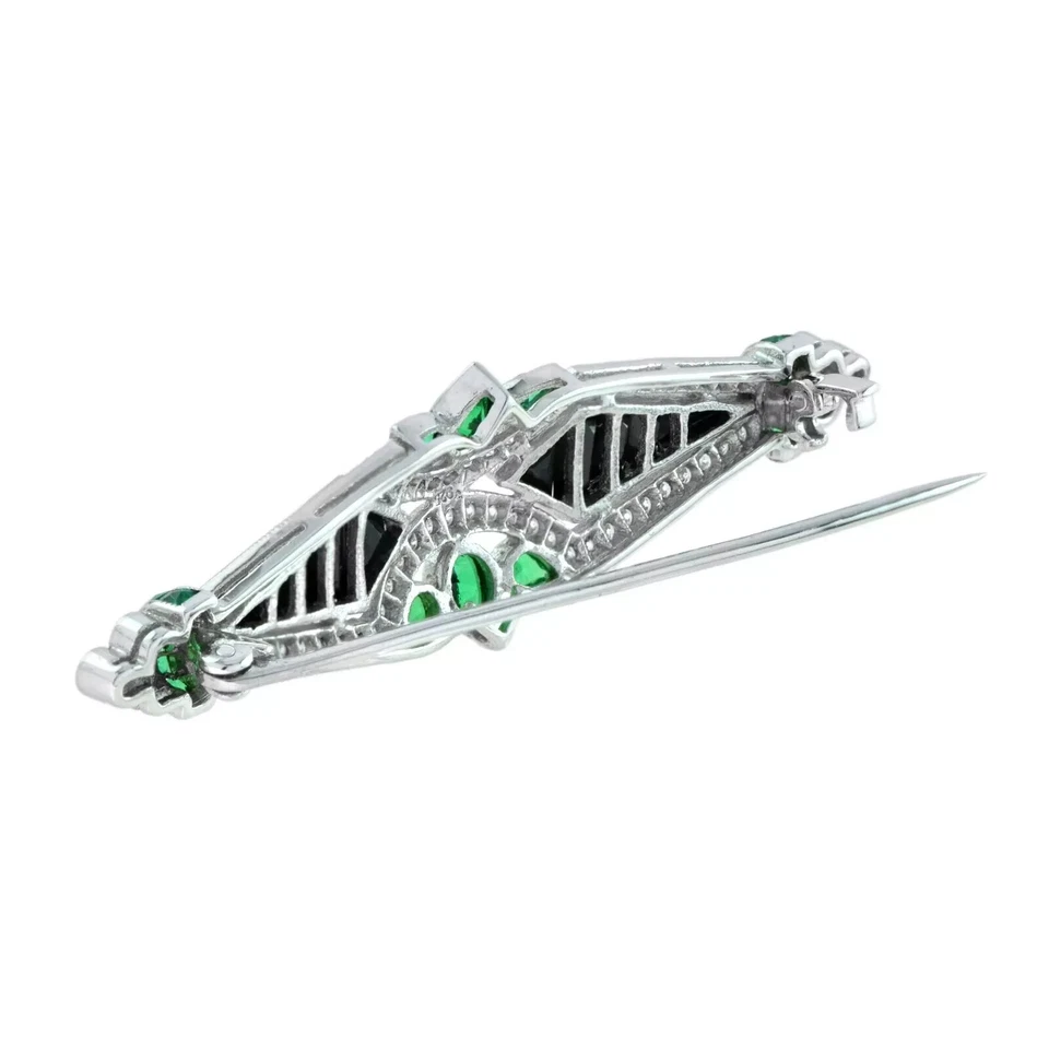 Art Deco Style Lab Created Diamond Emerald Onyx Brooch For Her 14K White Gold FN - Image 4 of 4