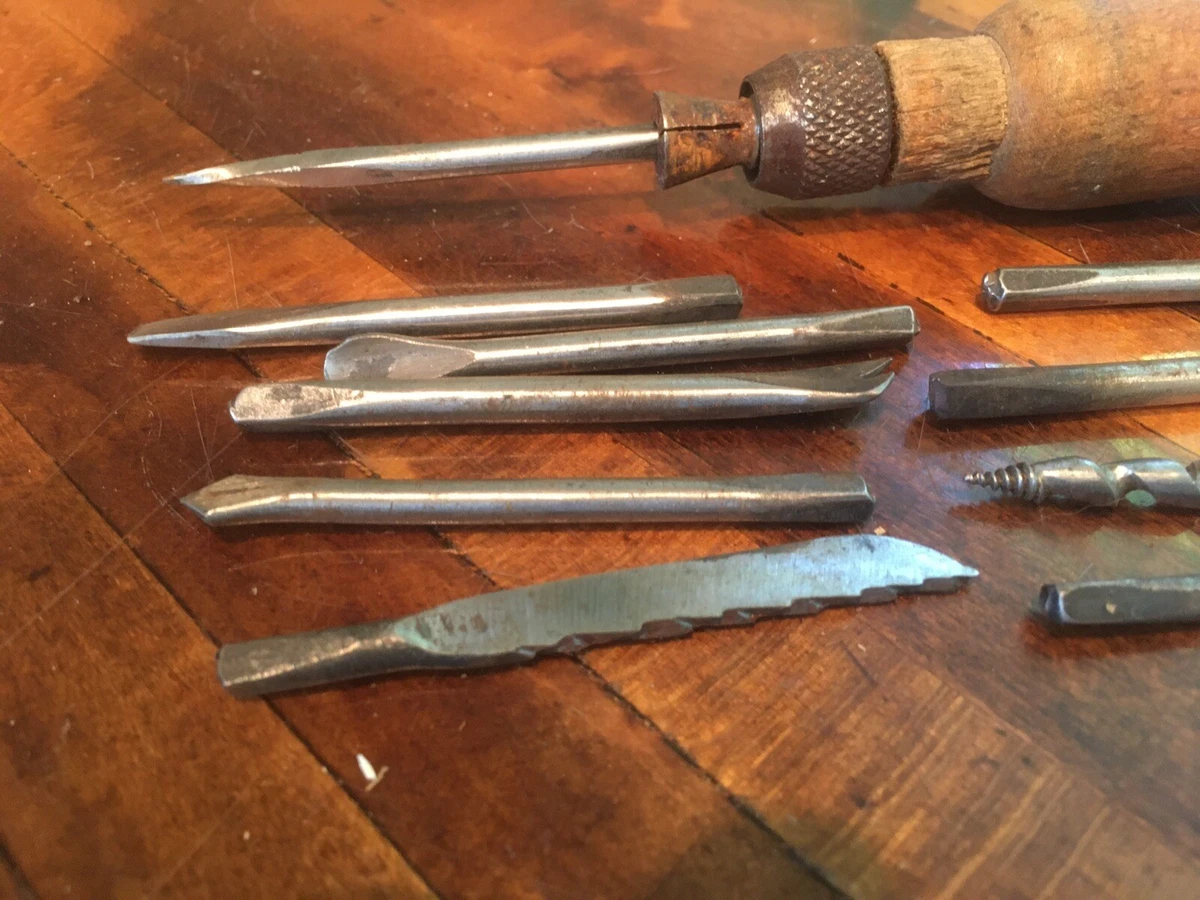 Vintage Wood Handle Multi Tool Bits Carving Chisels Gouges Works
