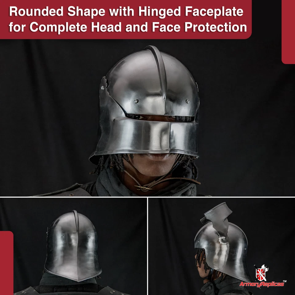 Casco Sallet alemán medieval | Acero dulce, revestimiento de cuero y hebilla de latón Foto 4 de 4