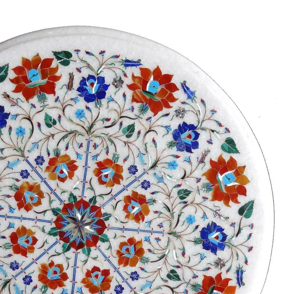 24" White Marble Coffee Table Set Lapis & Carnelian Floral Inlay Art Gift Decors - Image 2 of 4